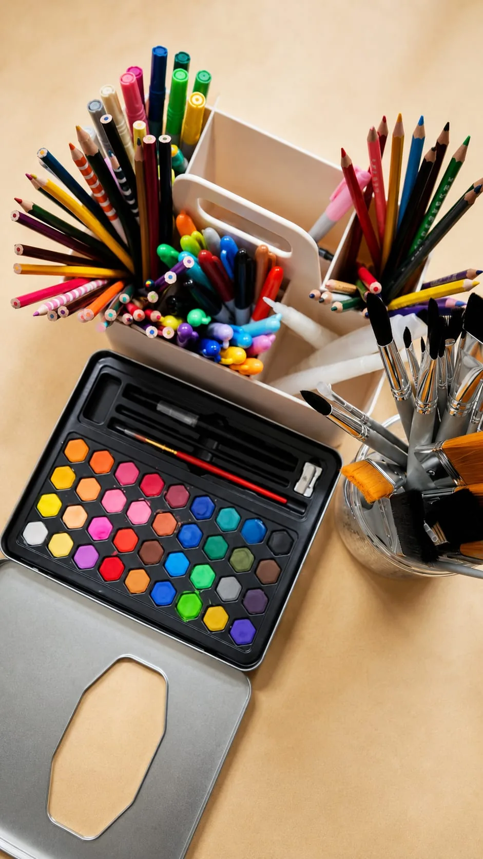 Watercolour pencils laid out on a wooden table in the art therapy studio